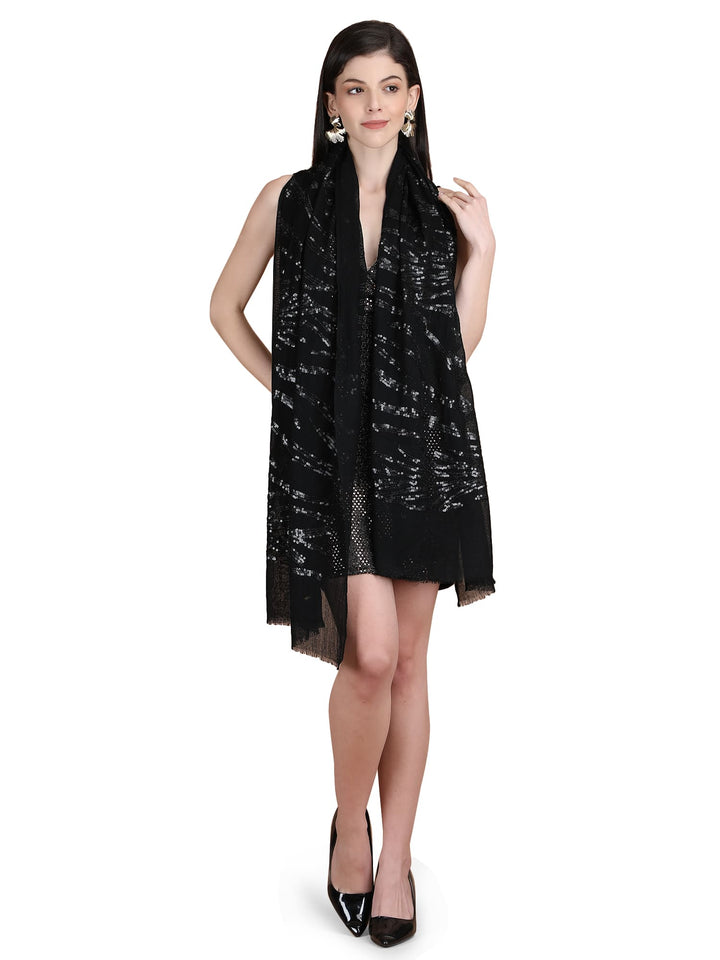 Black Waves Sequins 100% Fine Wool Stole- 326