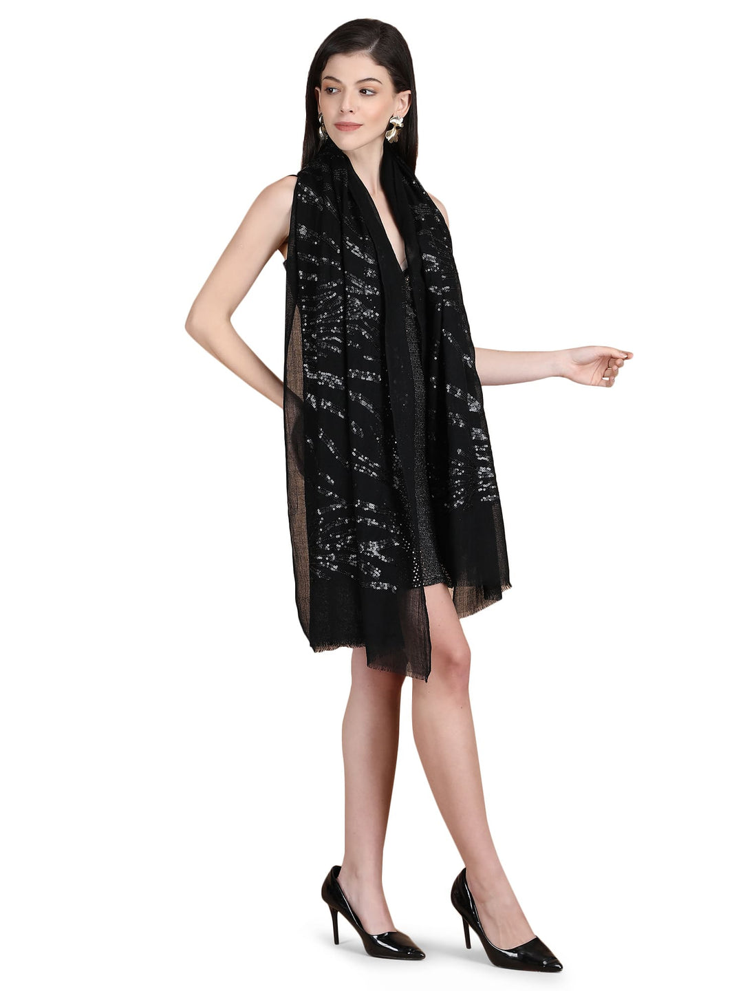 Black Waves Sequins 100% Fine Wool Stole- 326