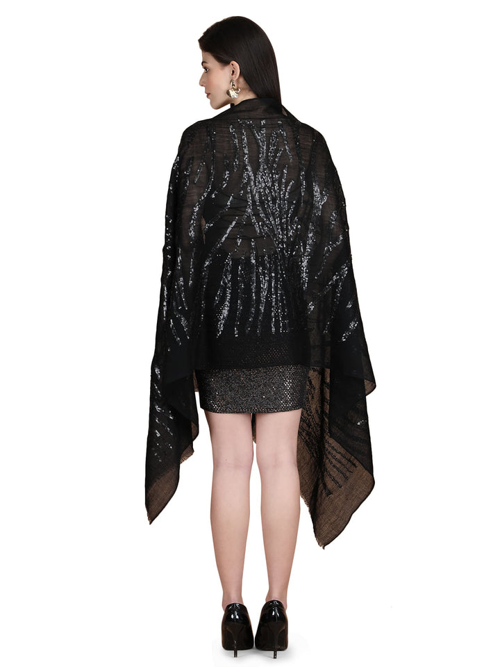 Black Waves Sequins 100% Fine Wool Stole- 326