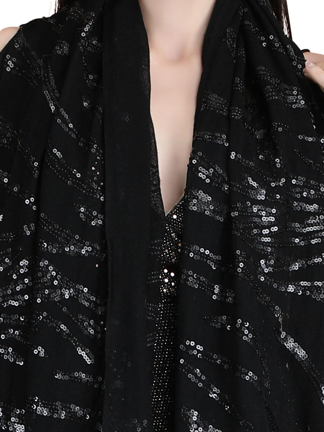 Black Waves Sequins 100% Fine Wool Stole- 326