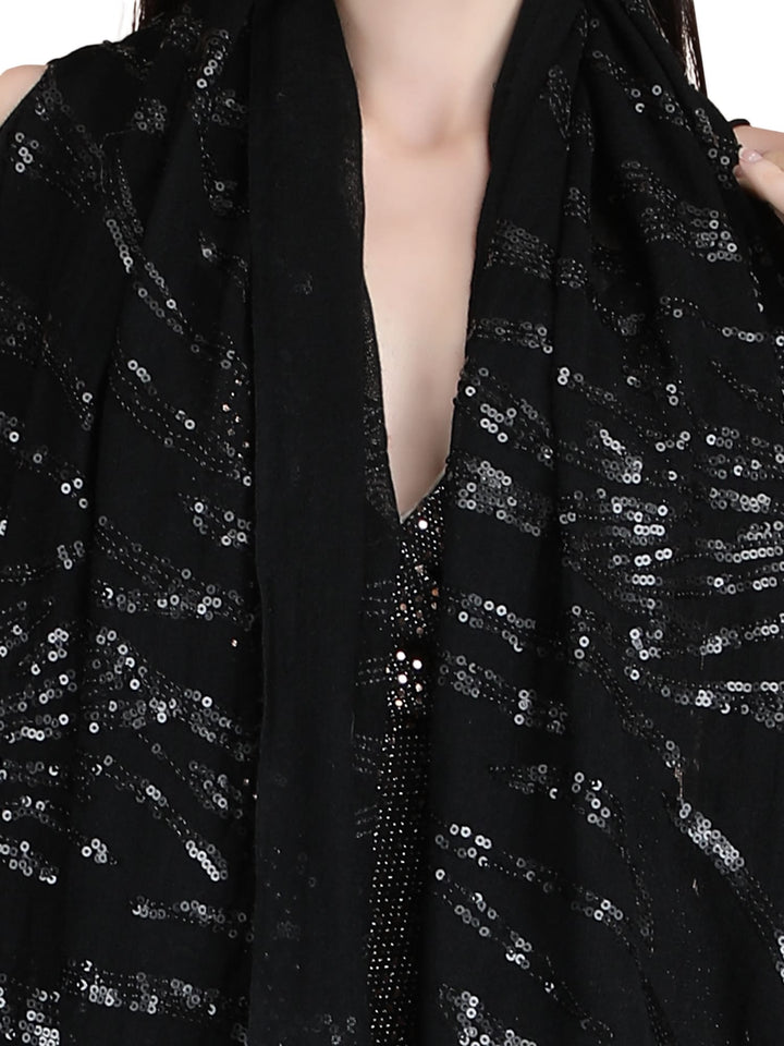 Black Waves Sequins 100% Fine Wool Stole- 326