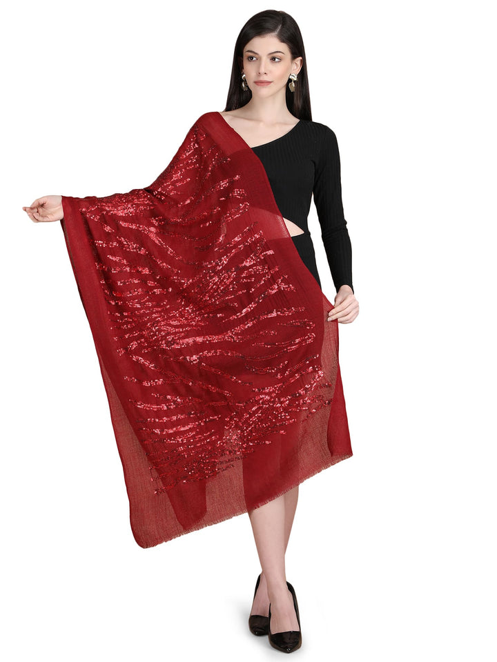 Maroon Waves Sequins 100% Fine Wool Stole- 327