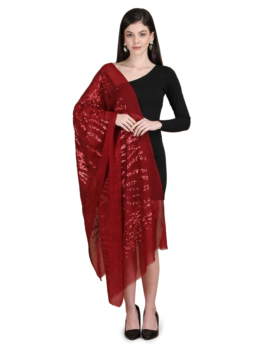 Maroon Waves Sequins 100% Fine Wool Stole- 327