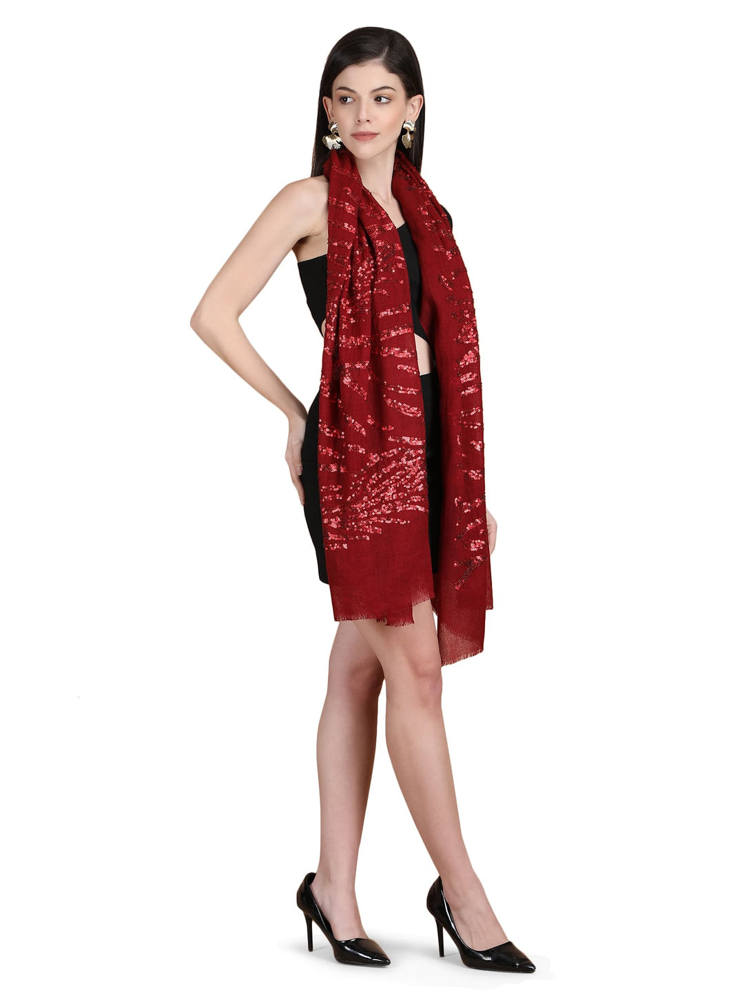 Maroon Waves Sequins 100% Fine Wool Stole- 327