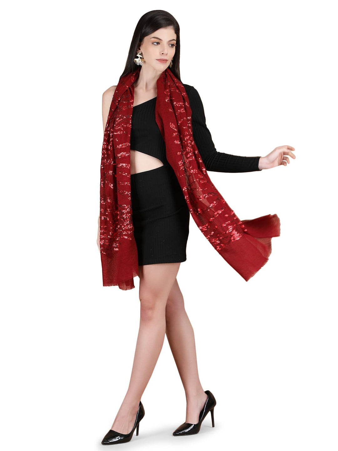 Maroon Waves Sequins 100% Fine Wool Stole- 327