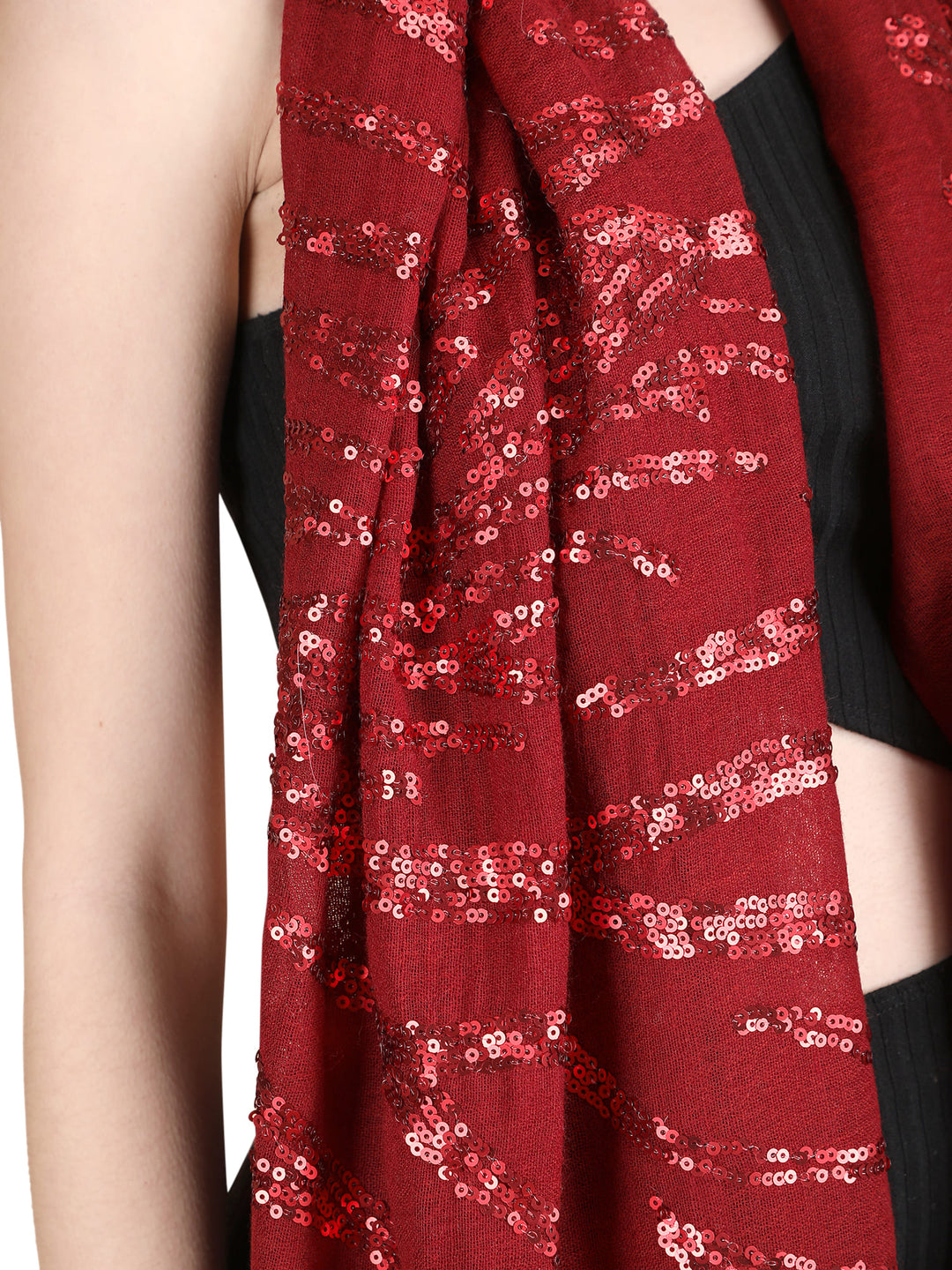 Maroon Waves Sequins 100% Fine Wool Stole- 327