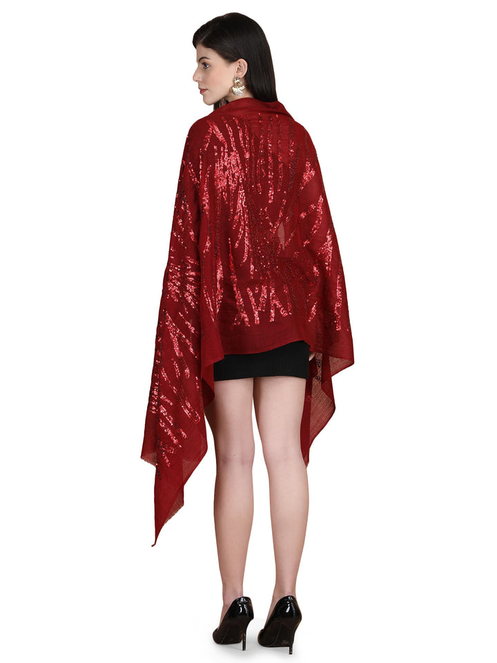 Maroon Waves Sequins 100% Fine Wool Stole- 327