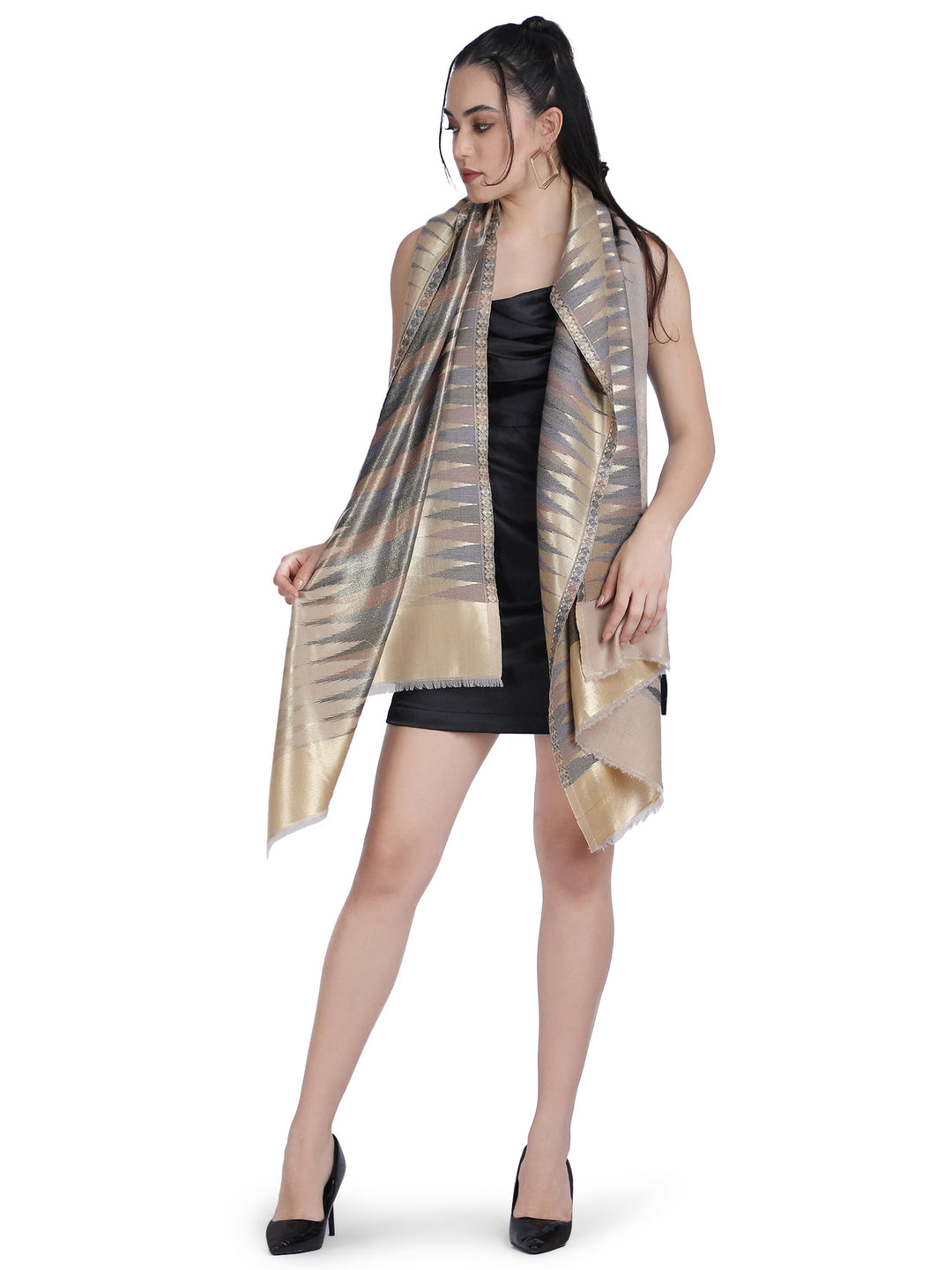 Beige & Brown Zari Leheriya Shawl - Reversible- 158