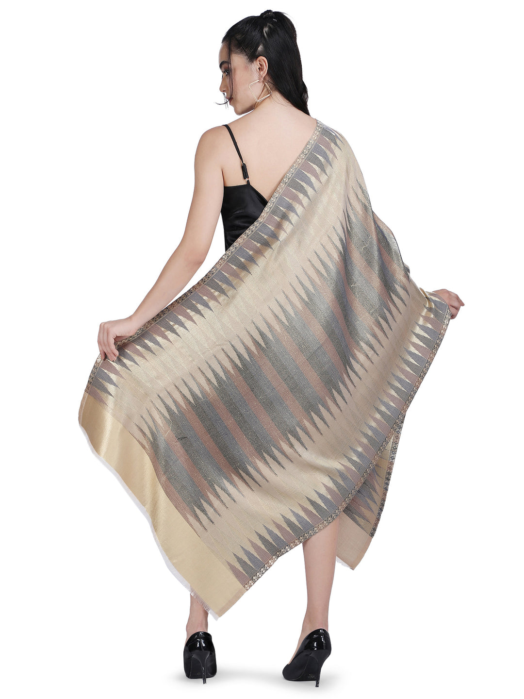 Beige & Brown Zari Leheriya Shawl - Reversible- 158