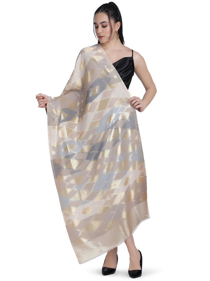 Noor Zari Ikat Weave 100% Fine Wool Shawl - Beige -  160