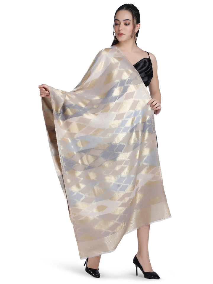 Noor Zari Ikat Weave 100% Fine Wool Shawl - Beige -  160
