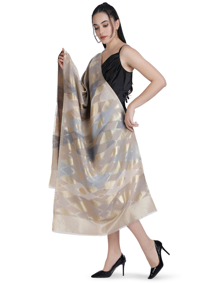 Noor Zari Ikat Weave 100% Fine Wool Shawl - Beige -  160