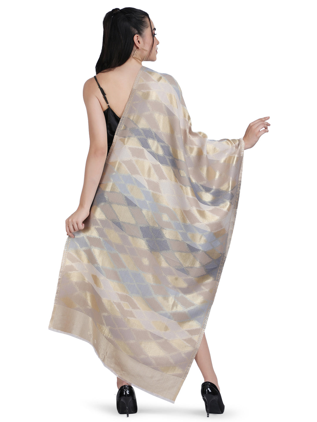 Noor Zari Ikat Weave 100% Fine Wool Shawl - Beige -  160