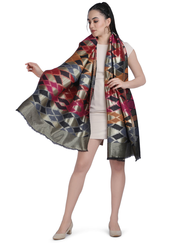 Noor Ikat Weave Shawl With Zari - Multicolour-156
