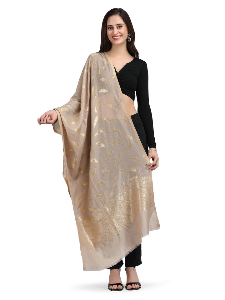 Gold Feather Modal Stole - Beige - 347
