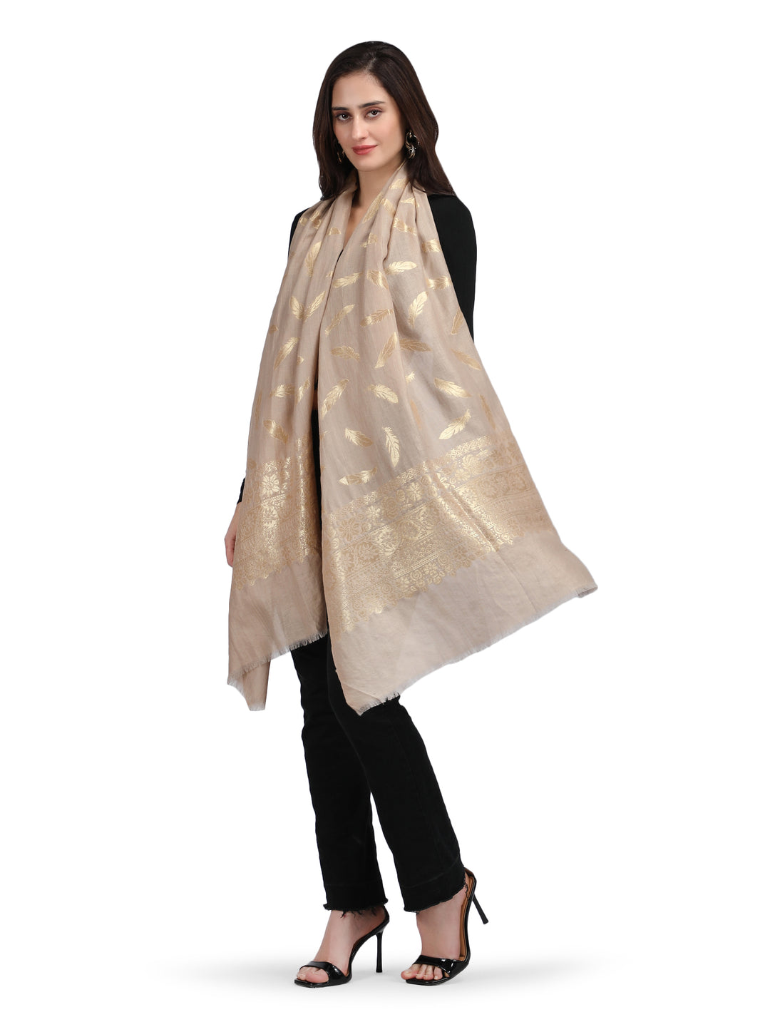Gold Feather Modal Stole - Beige - 347