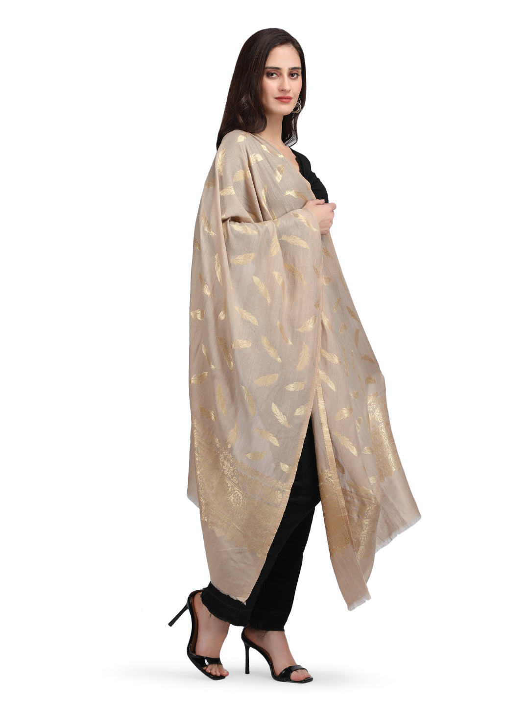 Gold Feather Modal Stole - Beige - 347