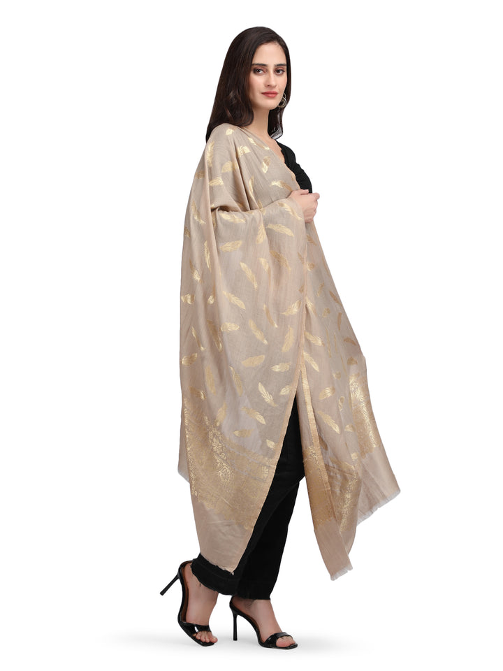 Gold Feather Modal Stole - Beige - 347