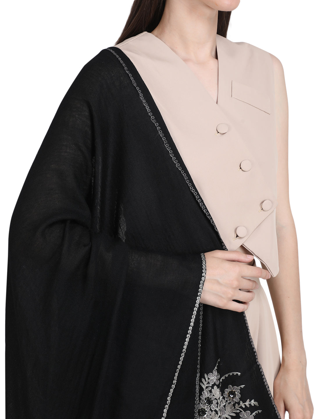 Black Floral Boquet 100% Fine Wool Stole- 349