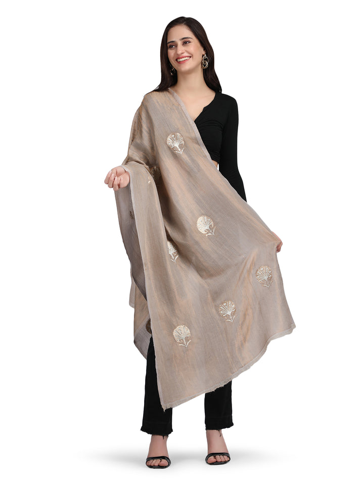 Beige Moonlight Zari Tree 100% Fine Wool Stole - 358