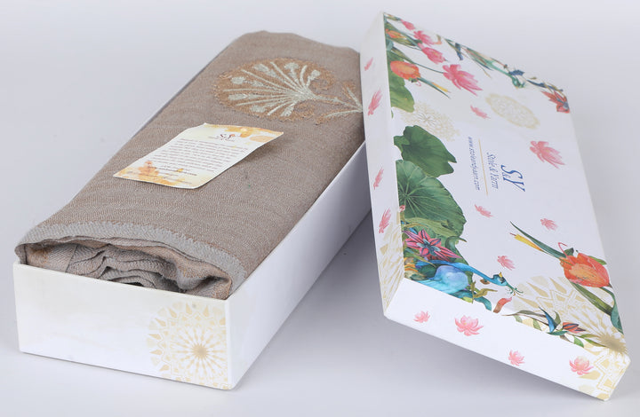 Beige Moonlight Zari Tree 100% Fine Wool Stole - 358