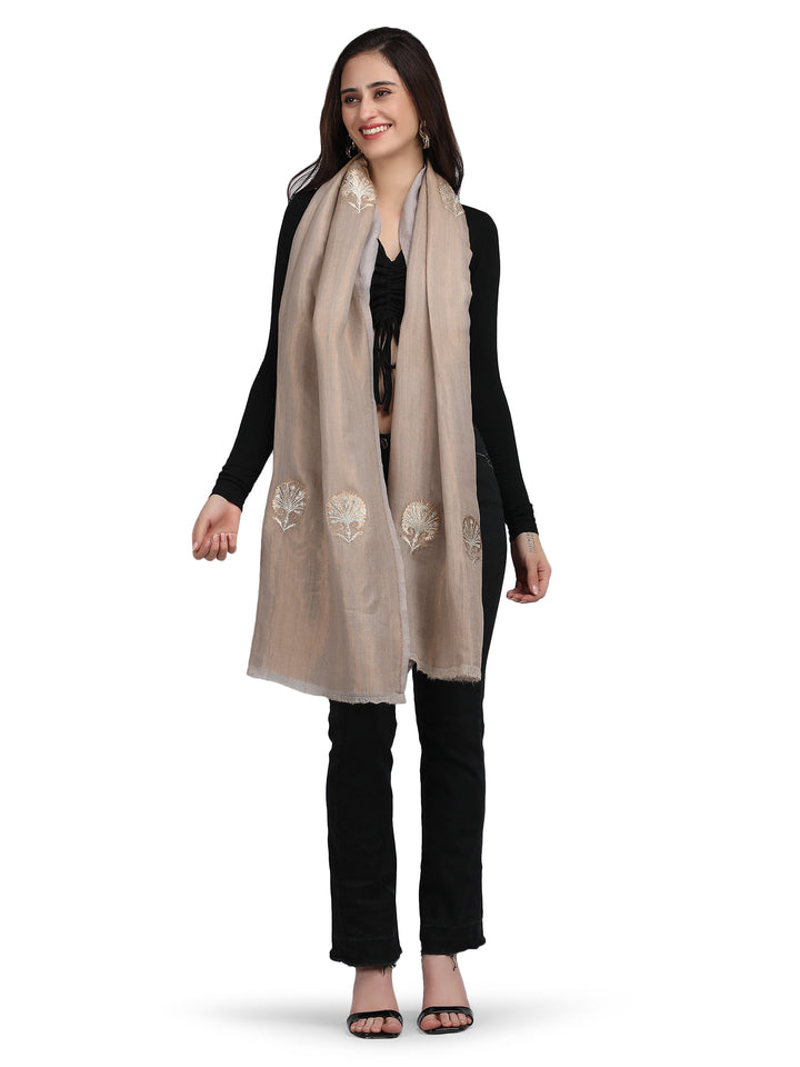 Beige Moonlight Zari Tree 100% Fine Wool Stole - 358