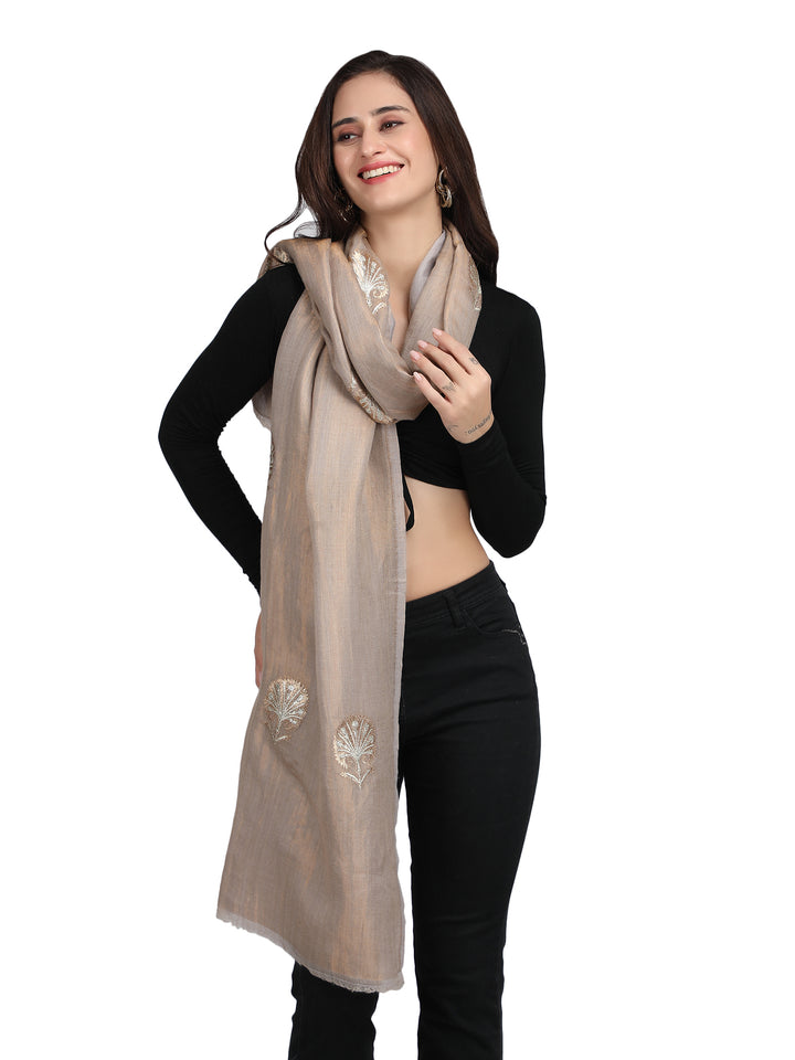 Beige Moonlight Zari Tree 100% Fine Wool Stole - 358