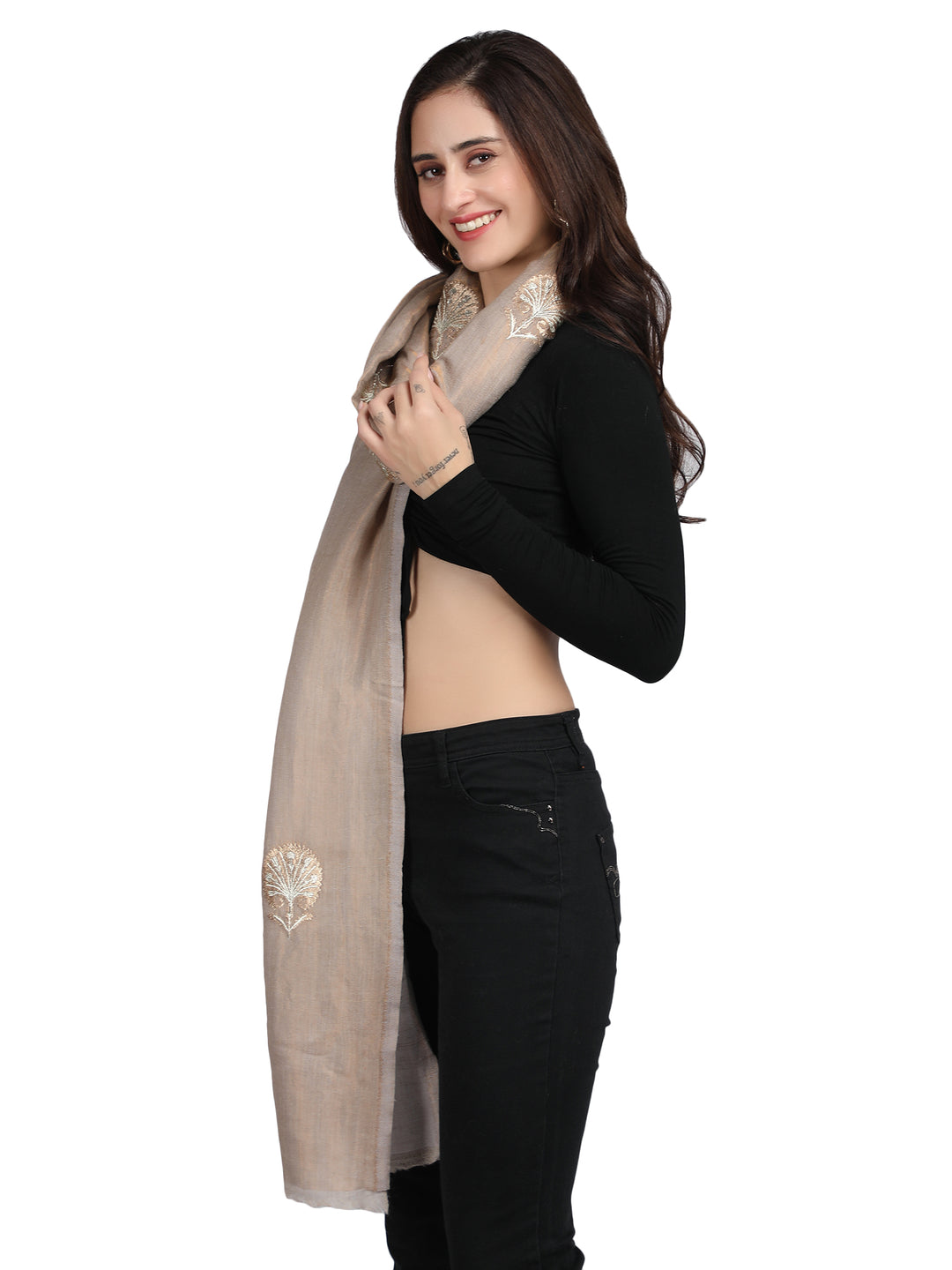 Beige Moonlight Zari Tree 100% Fine Wool Stole - 358