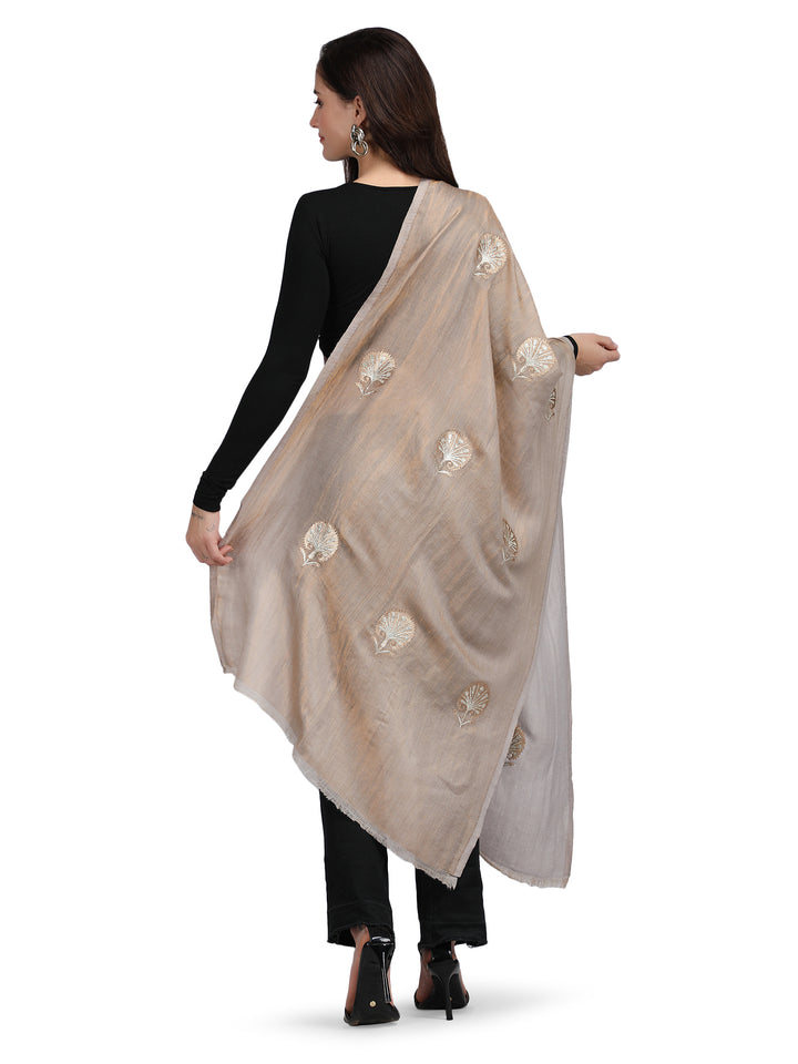 Beige Moonlight Zari Tree 100% Fine Wool Stole - 358