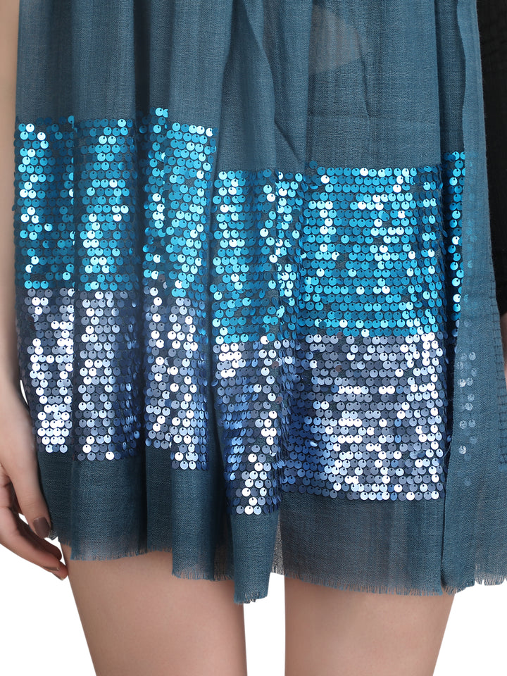 Blue Sequin Border Fine Wool Stole - 395