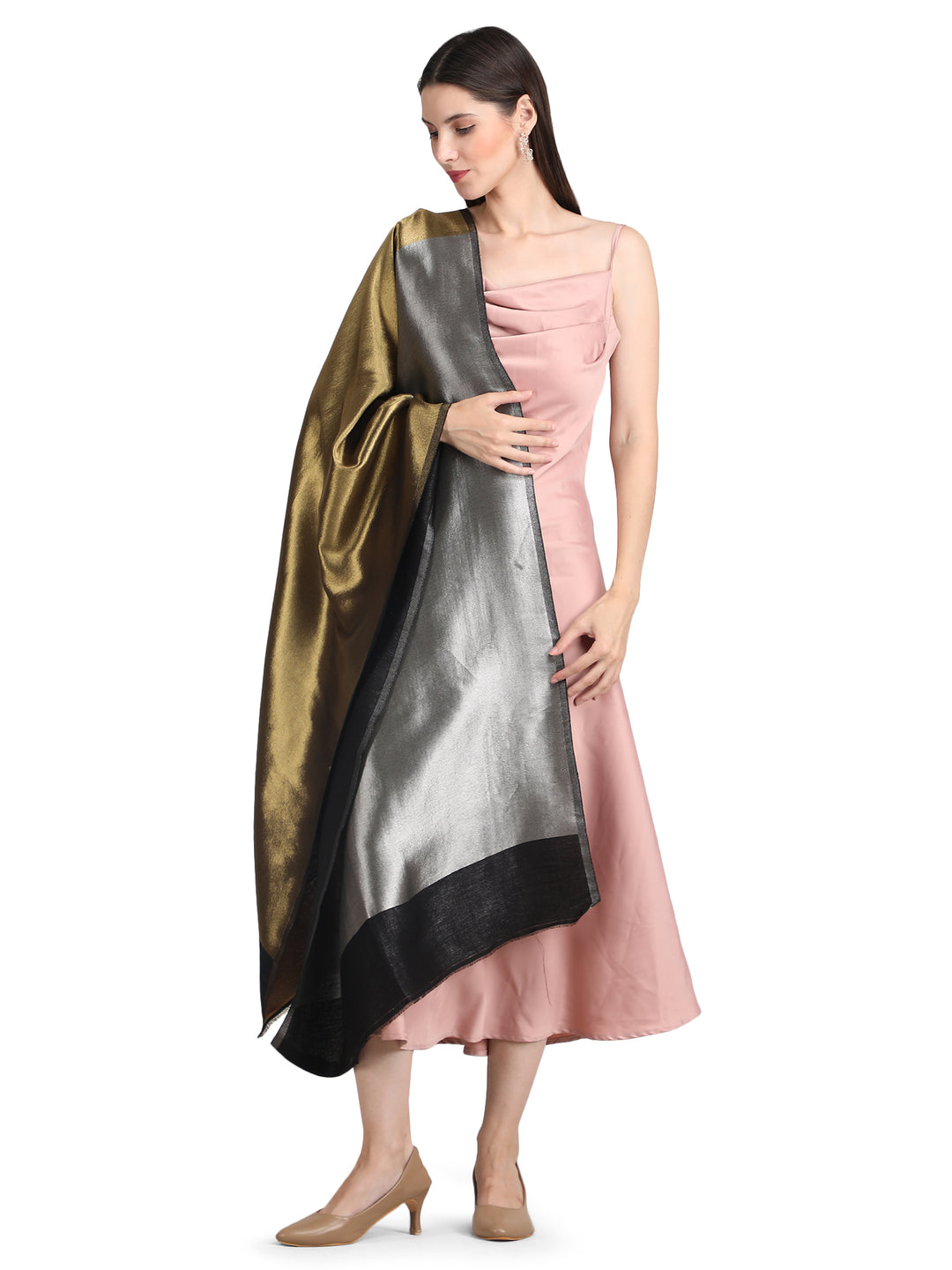 Silver & Gold Zari Reversible Shawl- 151 - Black