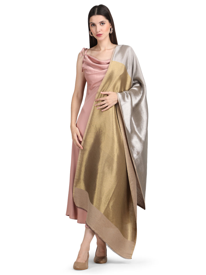 Silver & Gold Zari Reversible Shawl- 152 - Beige