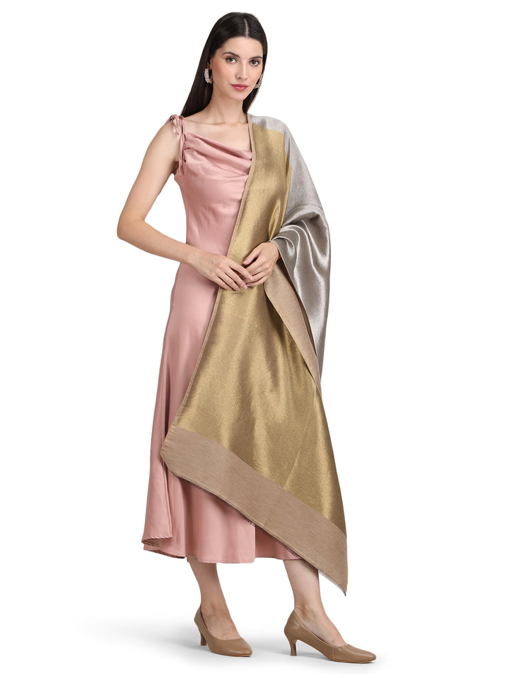 Silver & Gold Zari Reversible Shawl- 152 - Beige
