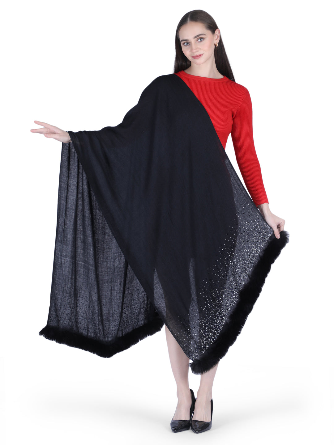 Fur & Crystal Fine Wool Stole - Black - 406