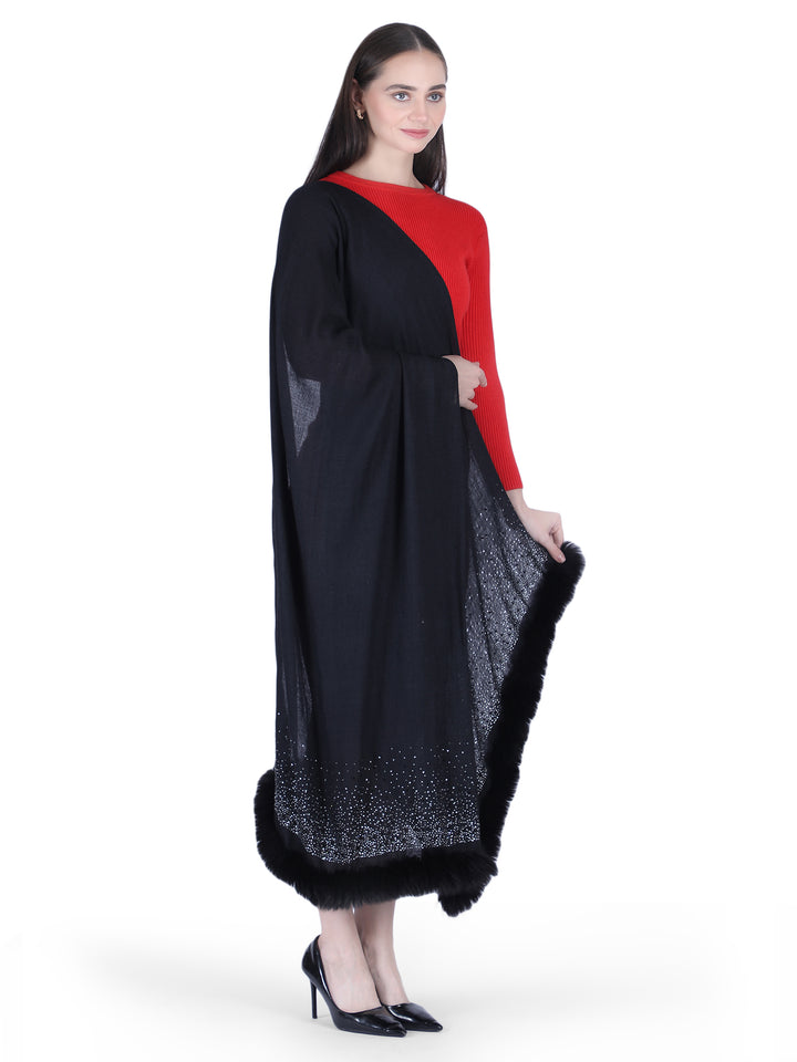 Fur & Crystal Fine Wool Stole - Black - 406