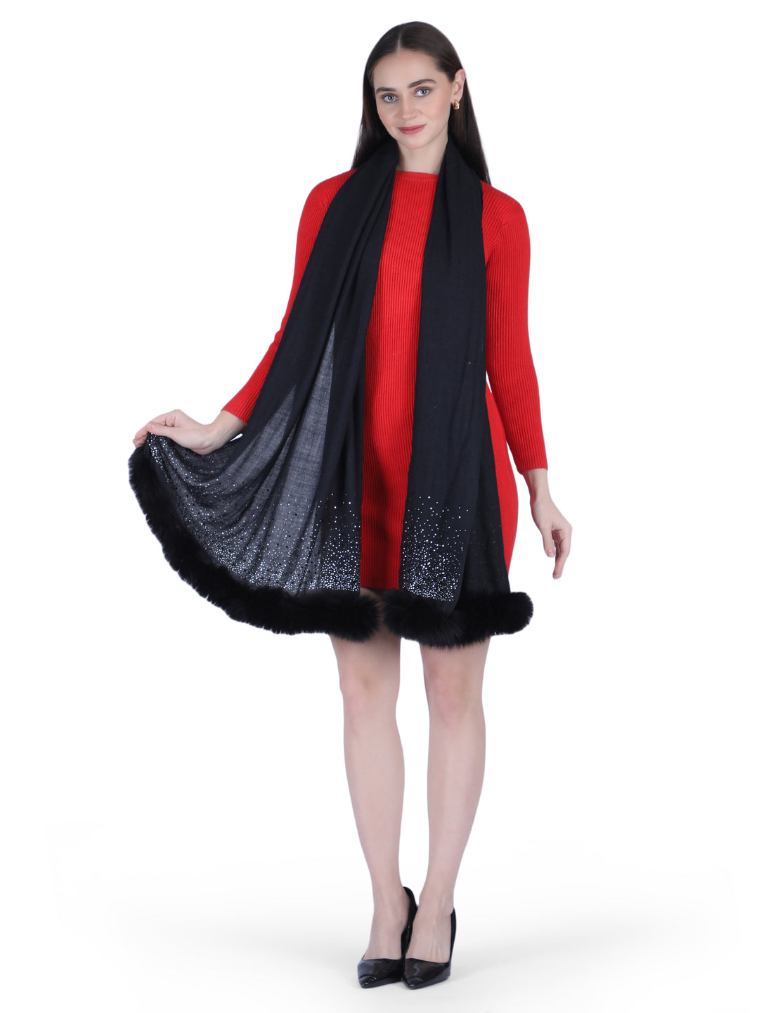 Fur & Crystal Fine Wool Stole - Black - 406