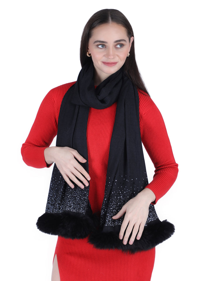 Fur & Crystal Fine Wool Stole - Black - 406