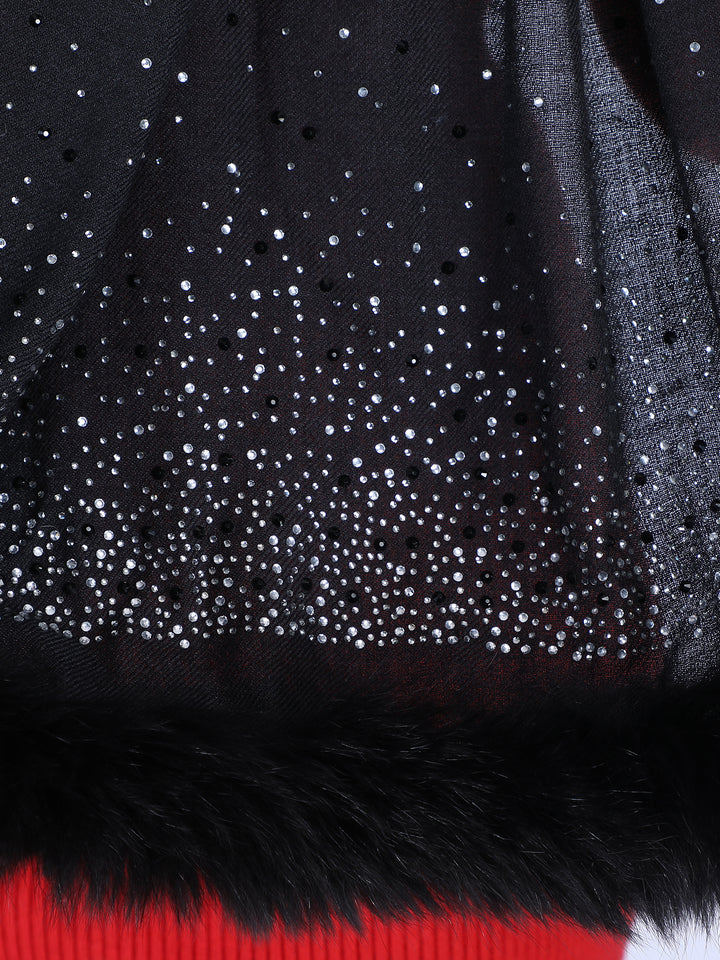 Fur & Crystal Fine Wool Stole - Black - 406