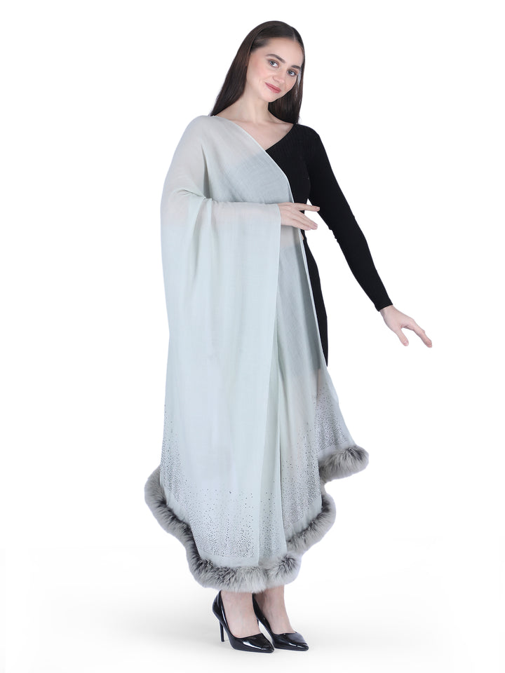 Fur & Crystal Fine Wool Stole - Grey - 409