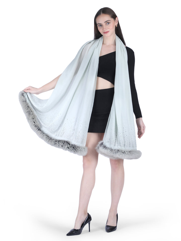 Fur & Crystal Fine Wool Stole - Grey - 409