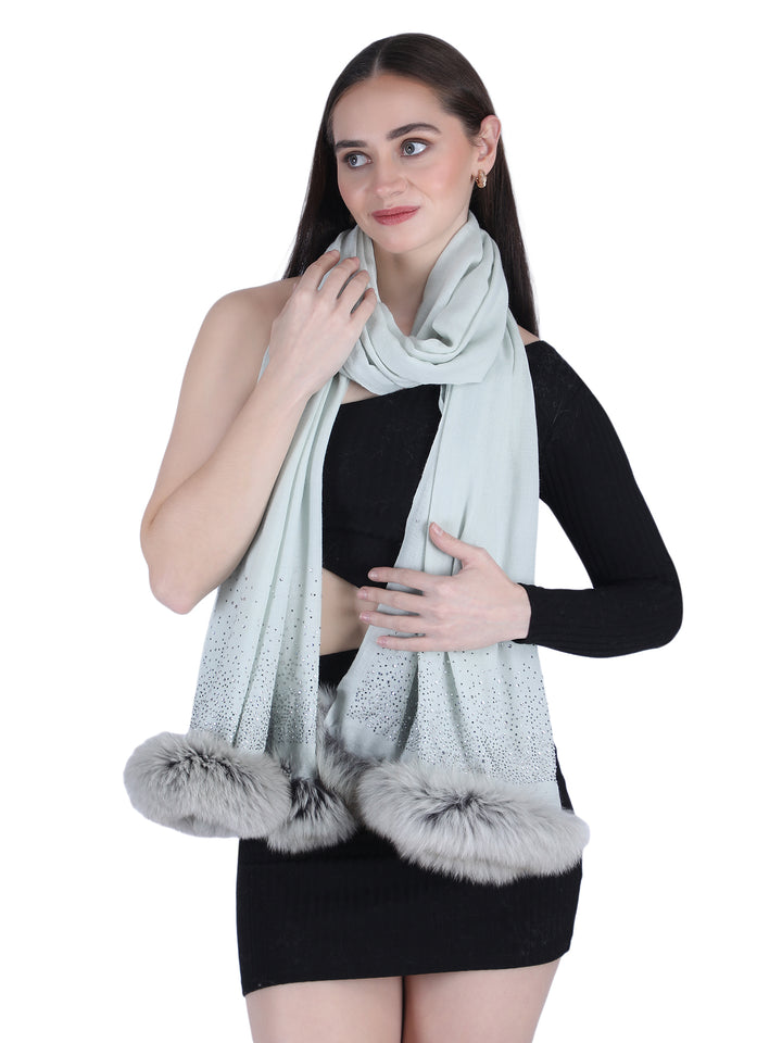 Fur & Crystal Fine Wool Stole - Grey - 409