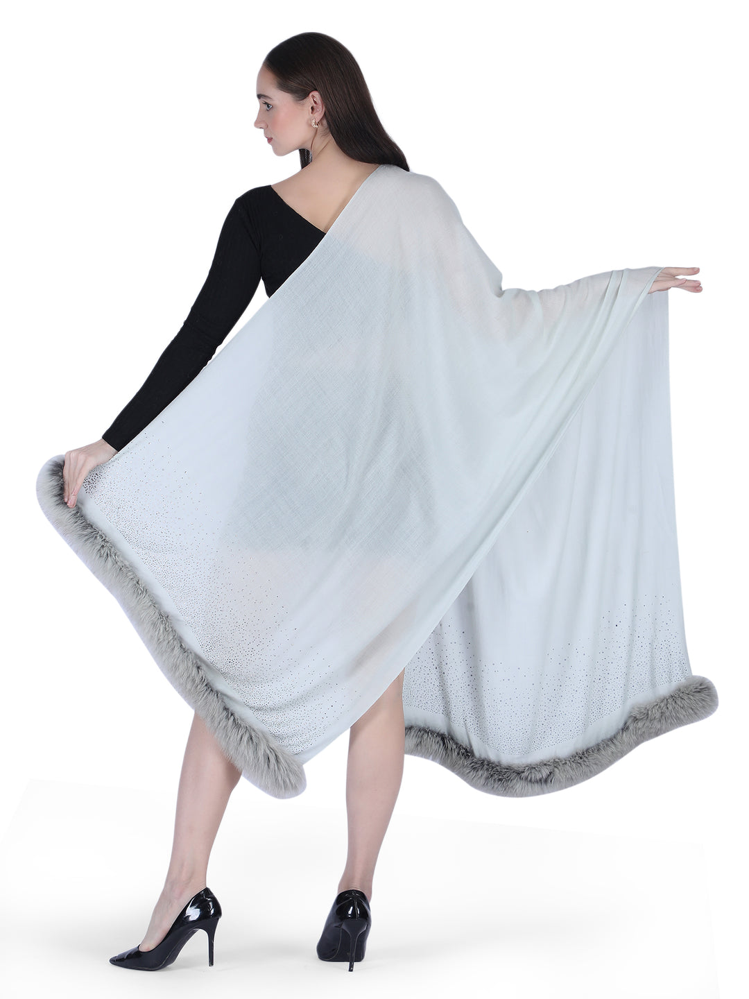 Fur & Crystal Fine Wool Stole - Grey - 409