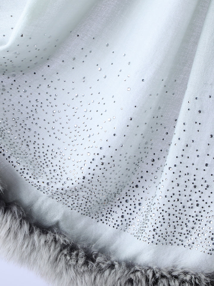 Fur & Crystal Fine Wool Stole - Grey - 409