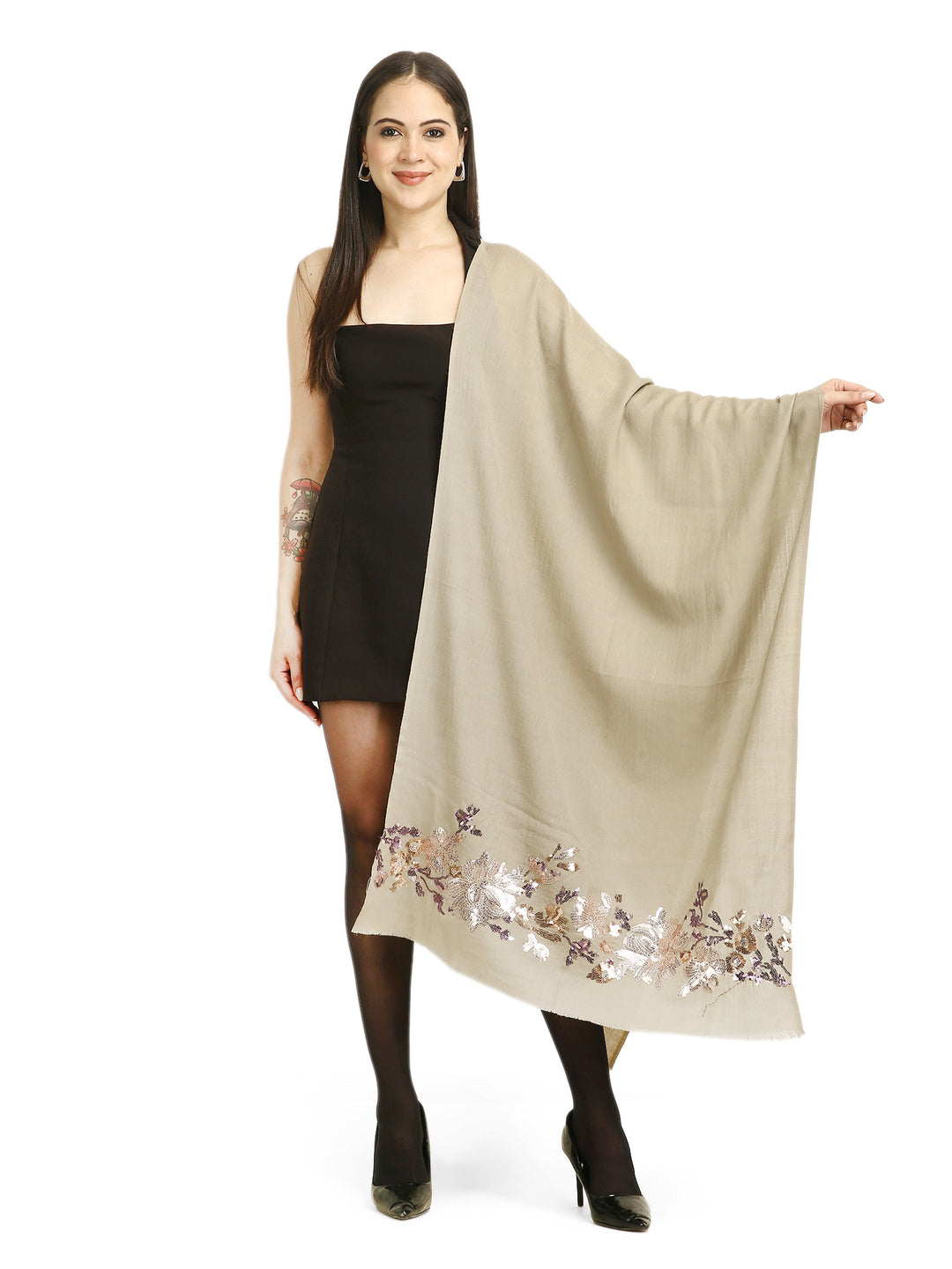 Taupe Floral Sequins Fine Wool Stole - 414