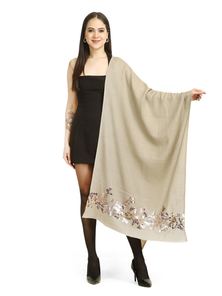 Taupe Floral Sequins Fine Wool Stole - 414