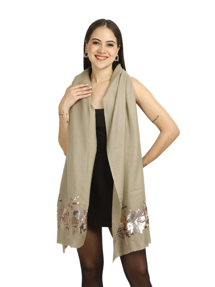 Taupe Floral Sequins Fine Wool Stole - 414