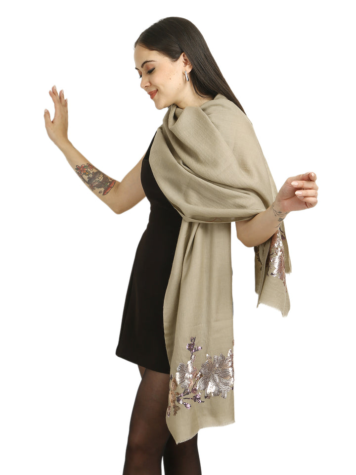 Taupe Floral Sequins Fine Wool Stole - 414