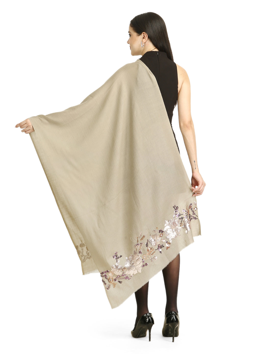Taupe Floral Sequins Fine Wool Stole - 414