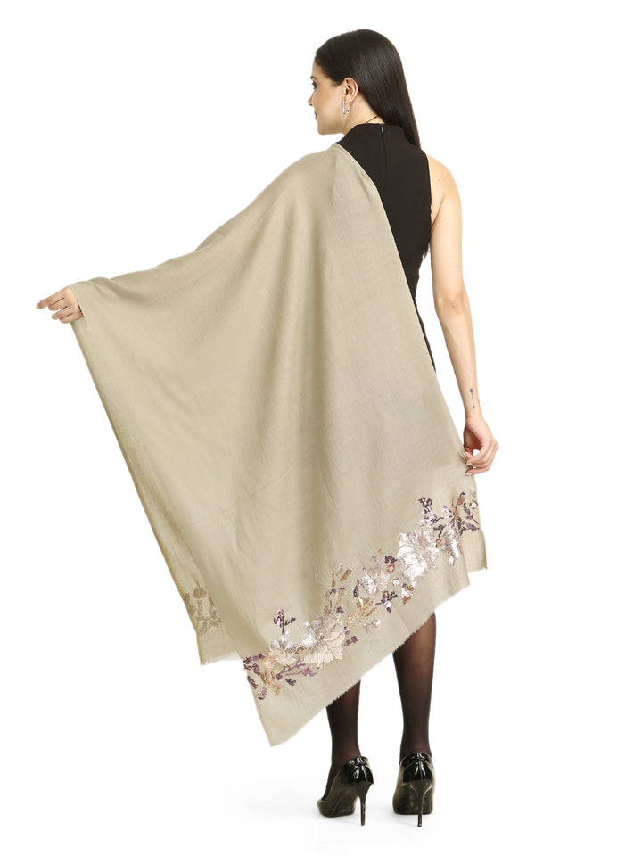 Taupe Floral Sequins Fine Wool Stole - 414