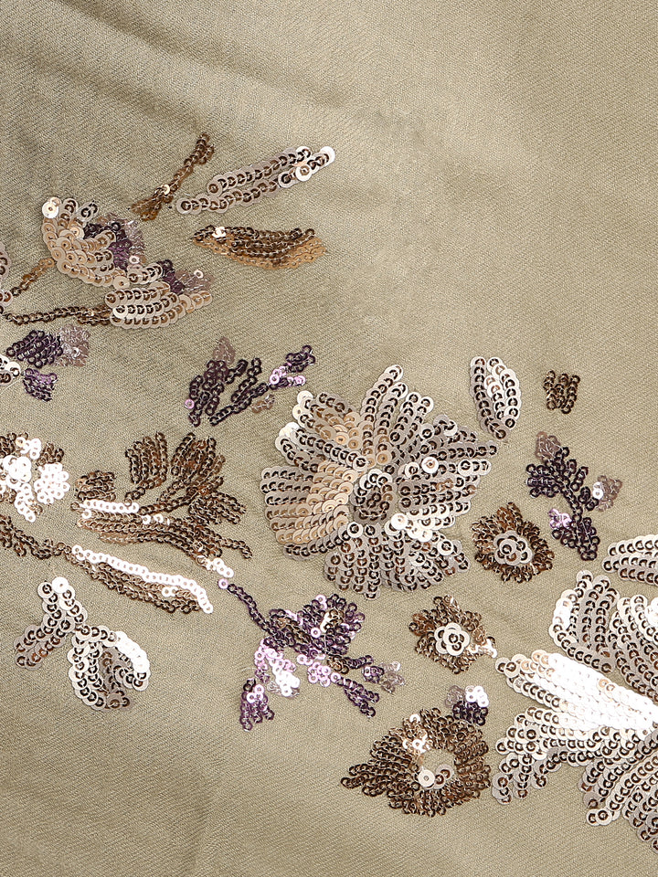 Taupe Floral Sequins Fine Wool Stole - 414